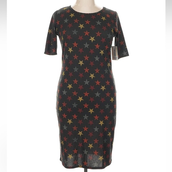 LuLaRoe Julia Midi Dress Women’s Black with Multicolor Stars - Size XL 16 18 NWT - Picture 1 of 7